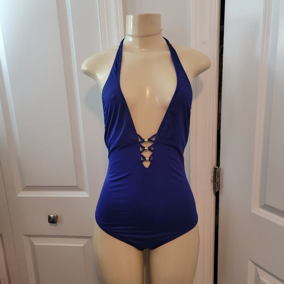 Trina Turk Algiers Deep V Neck Lattice Back Strappy Front One Piece - Picture 1 of 16